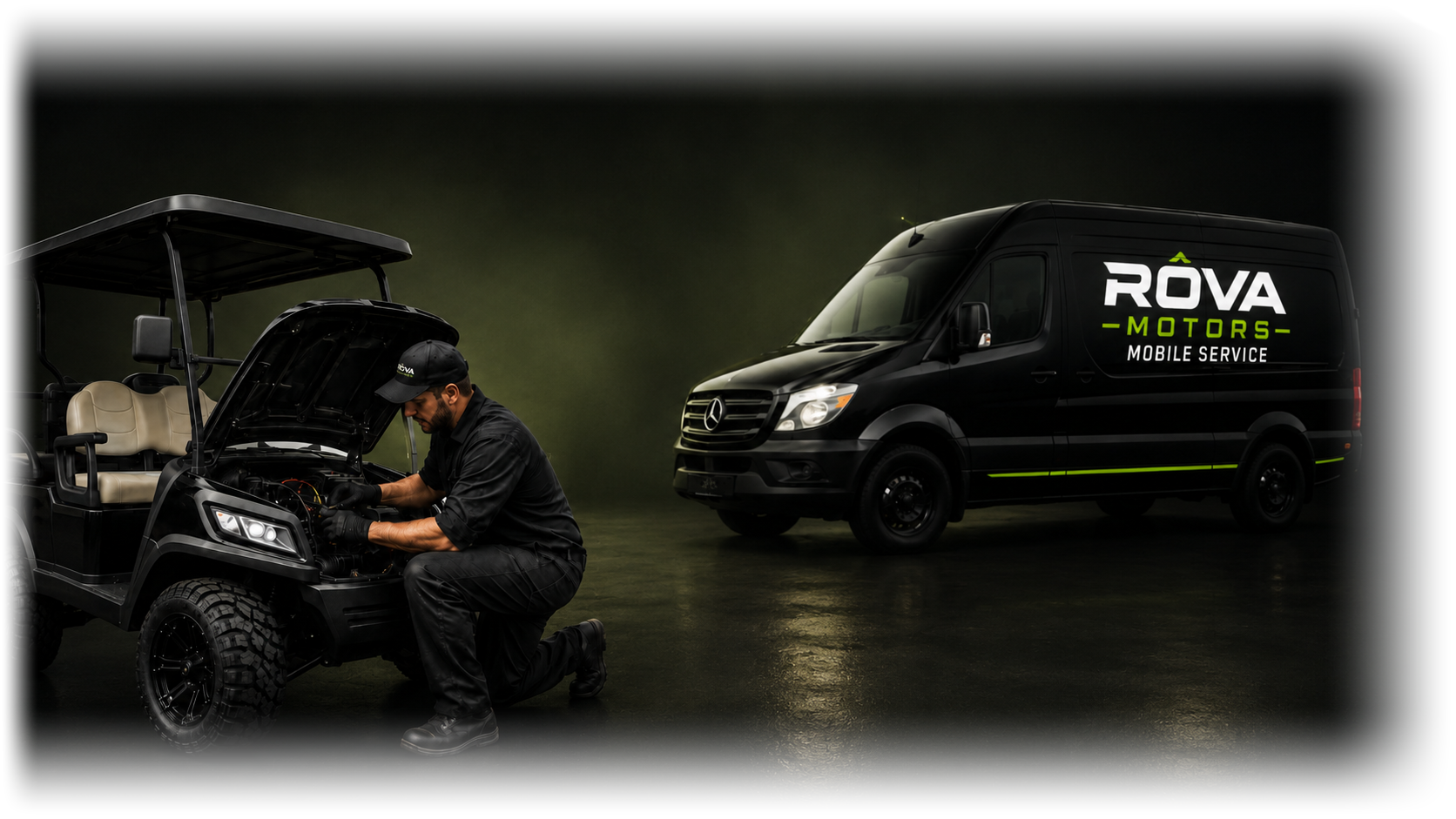 RÔVA Motors EV mobile service van with technician servicing a RÔVA golf cart